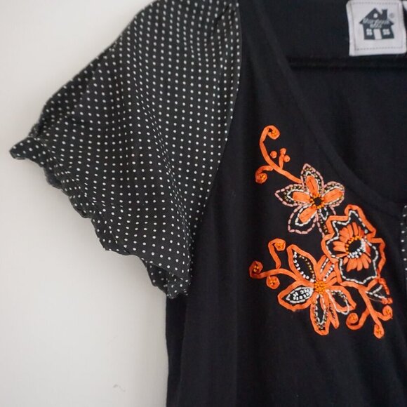 Vintage Storybook Black Knit Orange Embroidered Beaded Floral Button Up Shirt 2X - Picture 7 of 12
